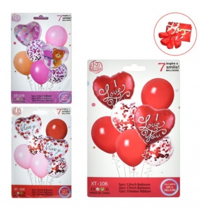 Воздушные шарики MK 5645 "I Love you", 5шт 12 дюймов, 2шт 17 дюймов, лента 10м, 3 цвета, в пакете