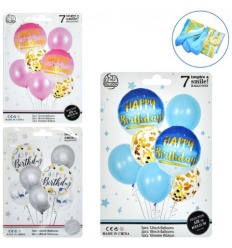 Воздушные шарики MK 5646 "Happy Birthday", 5шт 12 дюймов, 2шт 18 дюймов, лента 10м, 3 цвета