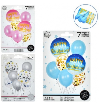 Воздушные шарики MK 5646 "Happy Birthday", 5шт 12 дюймов, 2шт 18 дюймов, лента 10м, 3 цвета