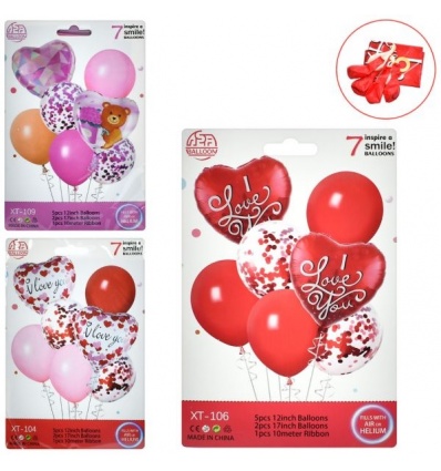 Воздушные шарики MK 5645 (1уп/12шт) "I Love you", 5шт 12дюйм, 2шт 17дюйм, лента 10м, 3цвет, в пакете