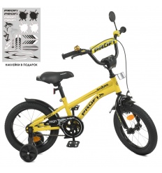 Велосипед дитячий PROF1 14 дюймів. Y14214 (1 шт.) Shark, SKD45, ліхтар, дзвінок, дзеркало, додаткові колеса, жовто-чорний.