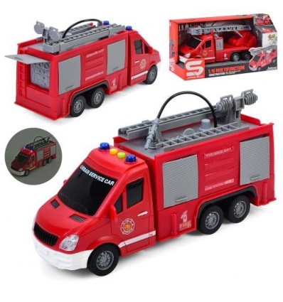 Пожарная машина JS 139-40 размер 27см, рез колеса, подв детали, брызгает водой, звук, свет, на бат