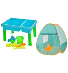 Столик-песочница R 399-25-29 палатка, лейка, лопатка, грабли, формочки, 2 вида 43-29-25см, в коробке