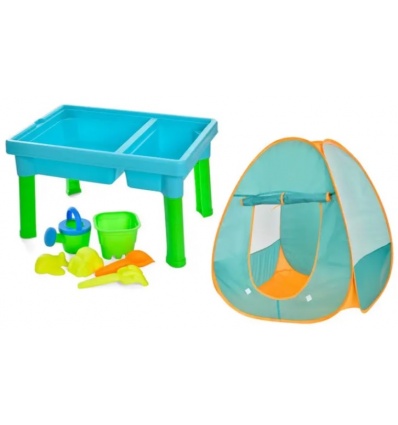 Столик-песочница R 399-25-29 палатка, лейка, лопатка, грабли, формочки, 2 вида 43-29-25см, в коробке
