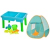 Столик-песочница R 399-25-29 палатка, лейка, лопатка, грабли, формочки, 2 вида 43-29-25см, в коробке