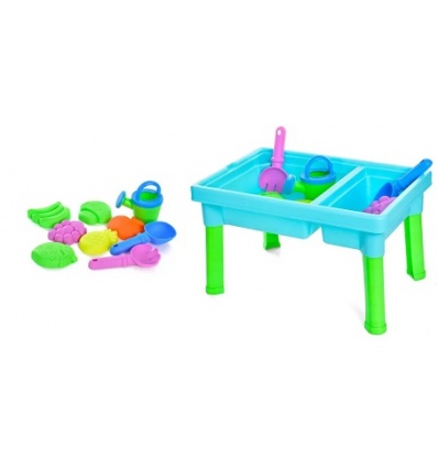Столик-песочница R 399-2A-4A лейка, лопатка, грабли, формочки, 2 вида 43-29-25см, в коробке