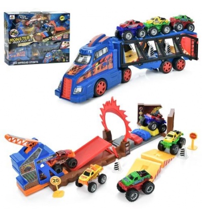 Трейлер DS074 (8шт) 47,5см, трек, машинки 5шт 8см, дорожні знаки, в кор-ці, 48-40-10см