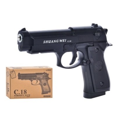 Пистолет C 18-18 металлический 19 см, на пульках, в коробке