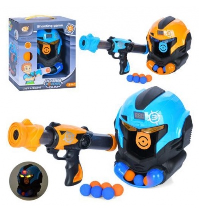 Пистолет YG 10 P Шлем, пистолет помповый 40 см,, звук, свет, мишень, шарики - 12 шт, на батарейках